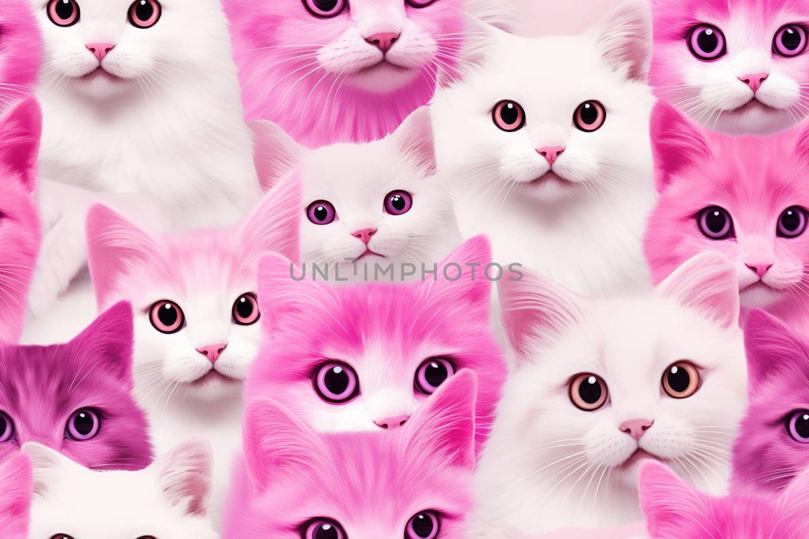 Pink and white seamless pattern with fluffy kitties. Applicable for fabric print, textile, wrapping paper, wallpaper. Cute background with cats. Girls style. Repeatable texture. Generative AI