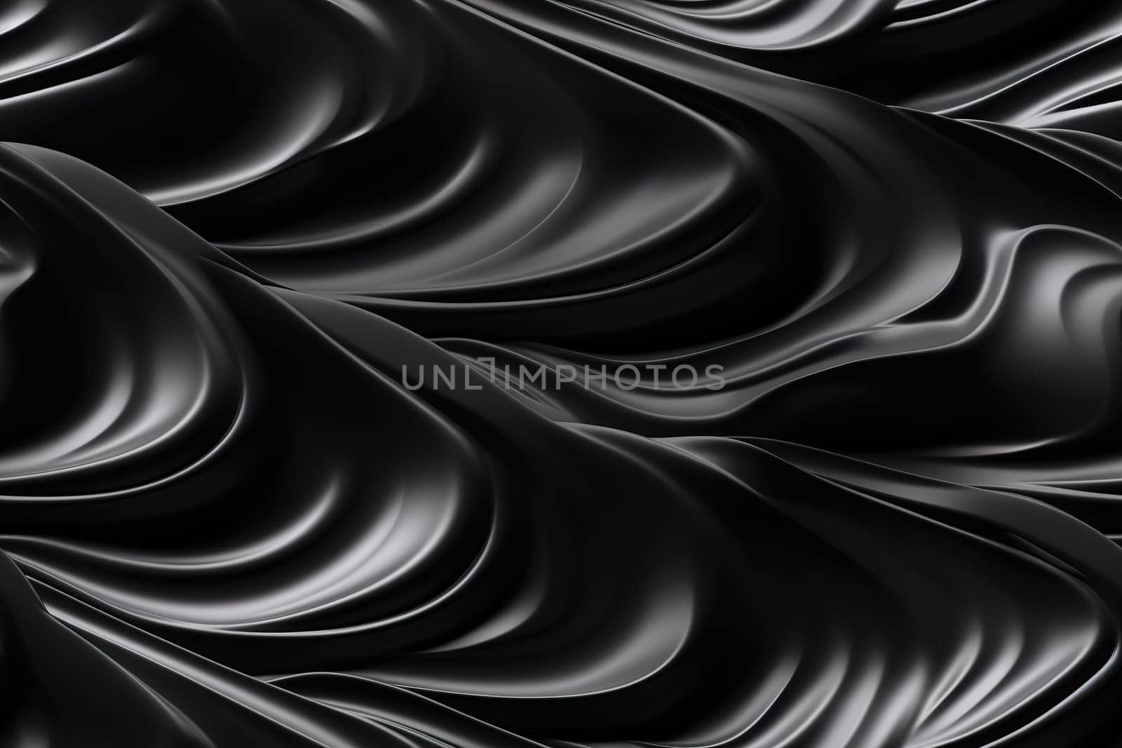 Black seamless pattern with abstract waves. Applicable for fabric print, textile, wrapping paper, wallpaper. Dark background with splines, curves. Repeatable texture. Generative AI