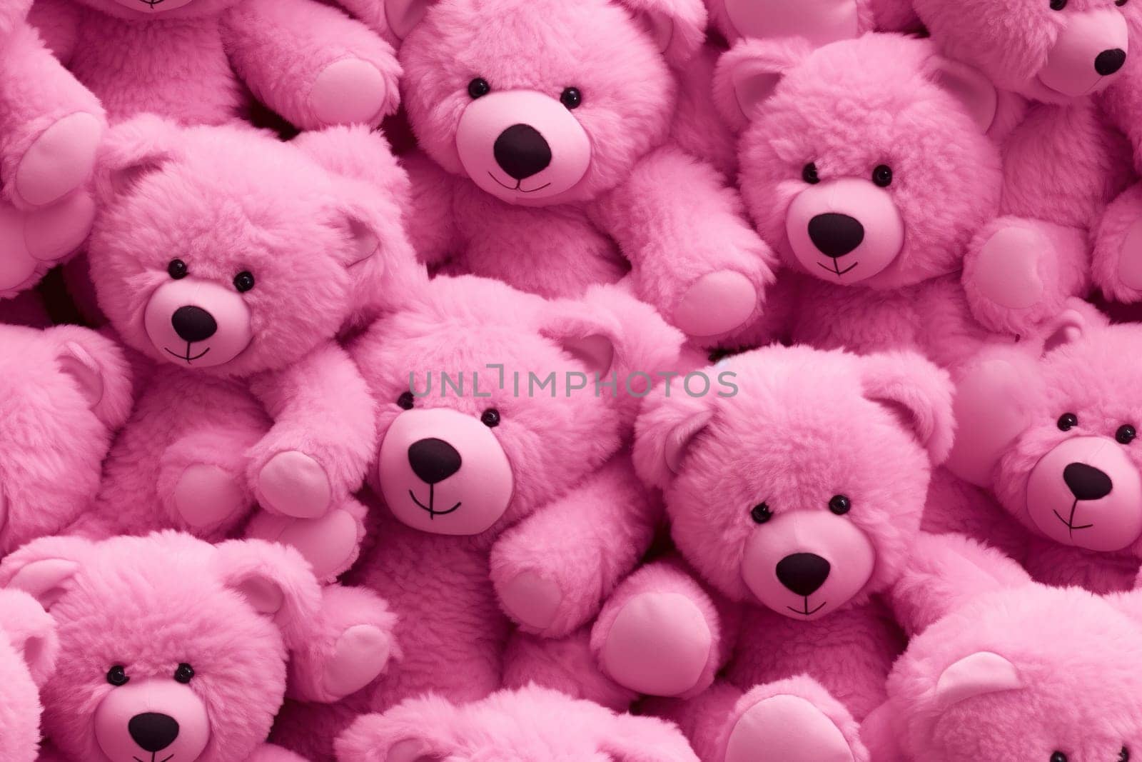 Pink seamless pattern with fluffy teddy bears. Applicable for fabric print, textile, wrapping paper, wallpaper. Cute background with girls plush toys. It's a girl. Repeatable texture. Generative AI. by creativebird