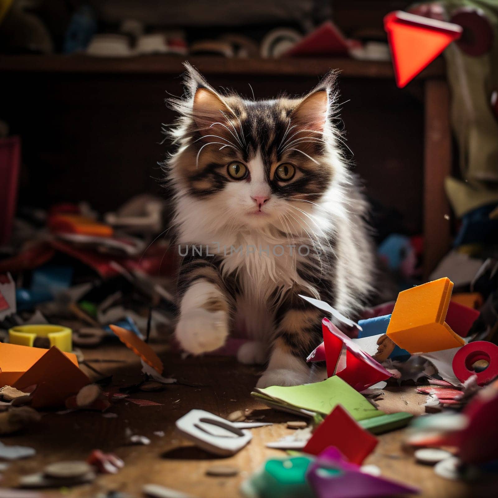 Cute kitten playing in the room is a mess of toys