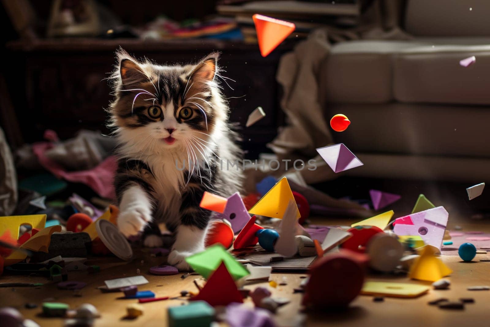 Cute kitten playing with toys in the room is mess of toys