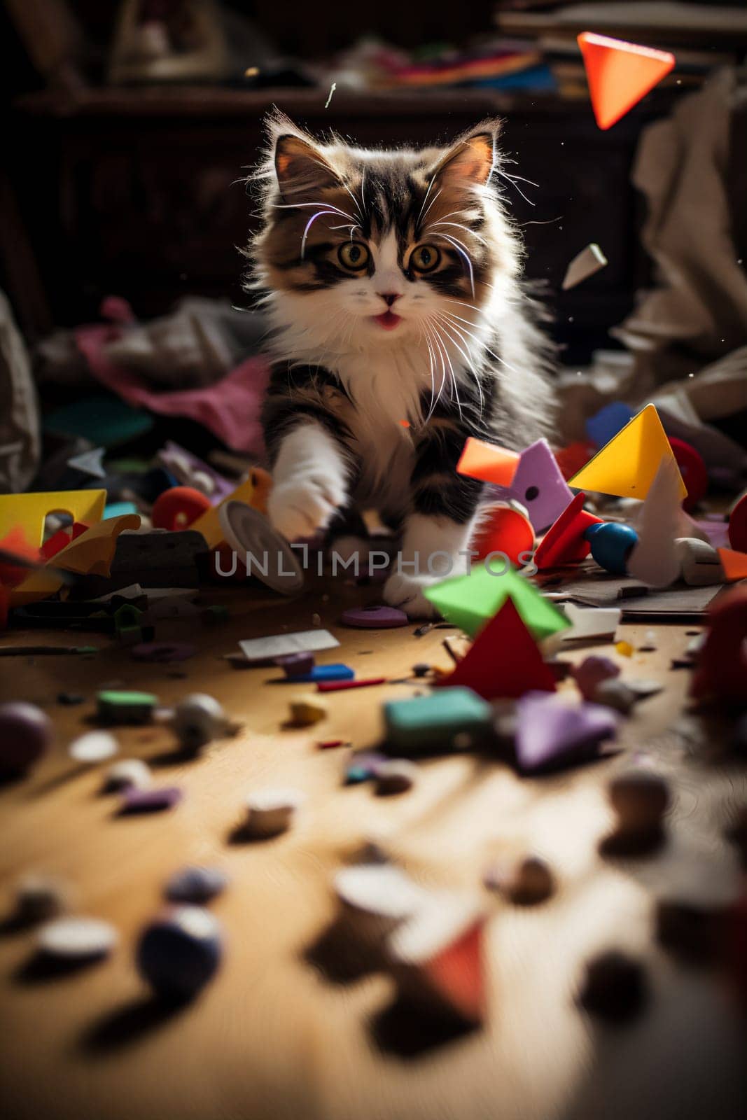 Mess of scattered toys and small kitten playing