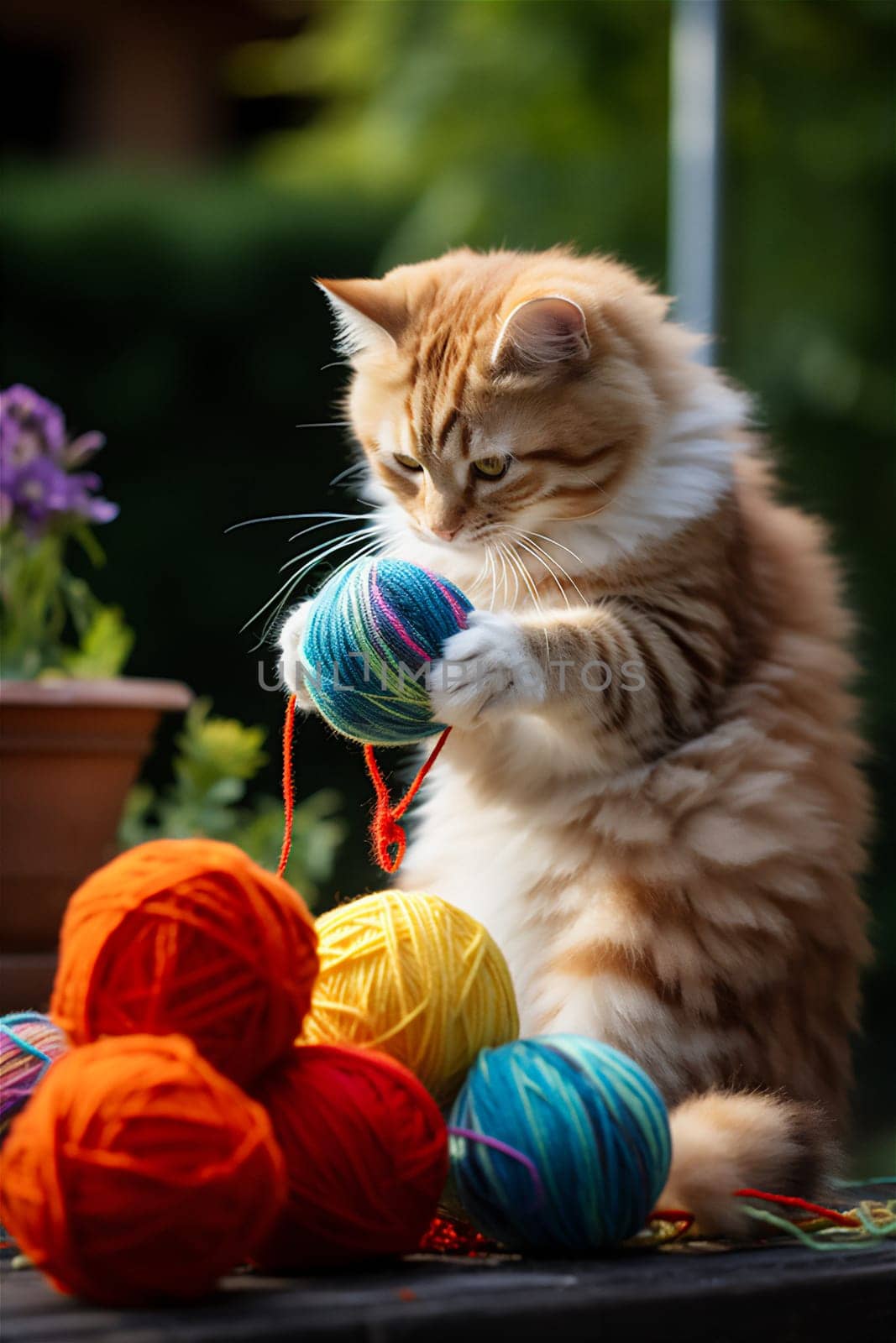 Cute kitten playing with balls of yarn. Small baby cat in a summer blooming garden