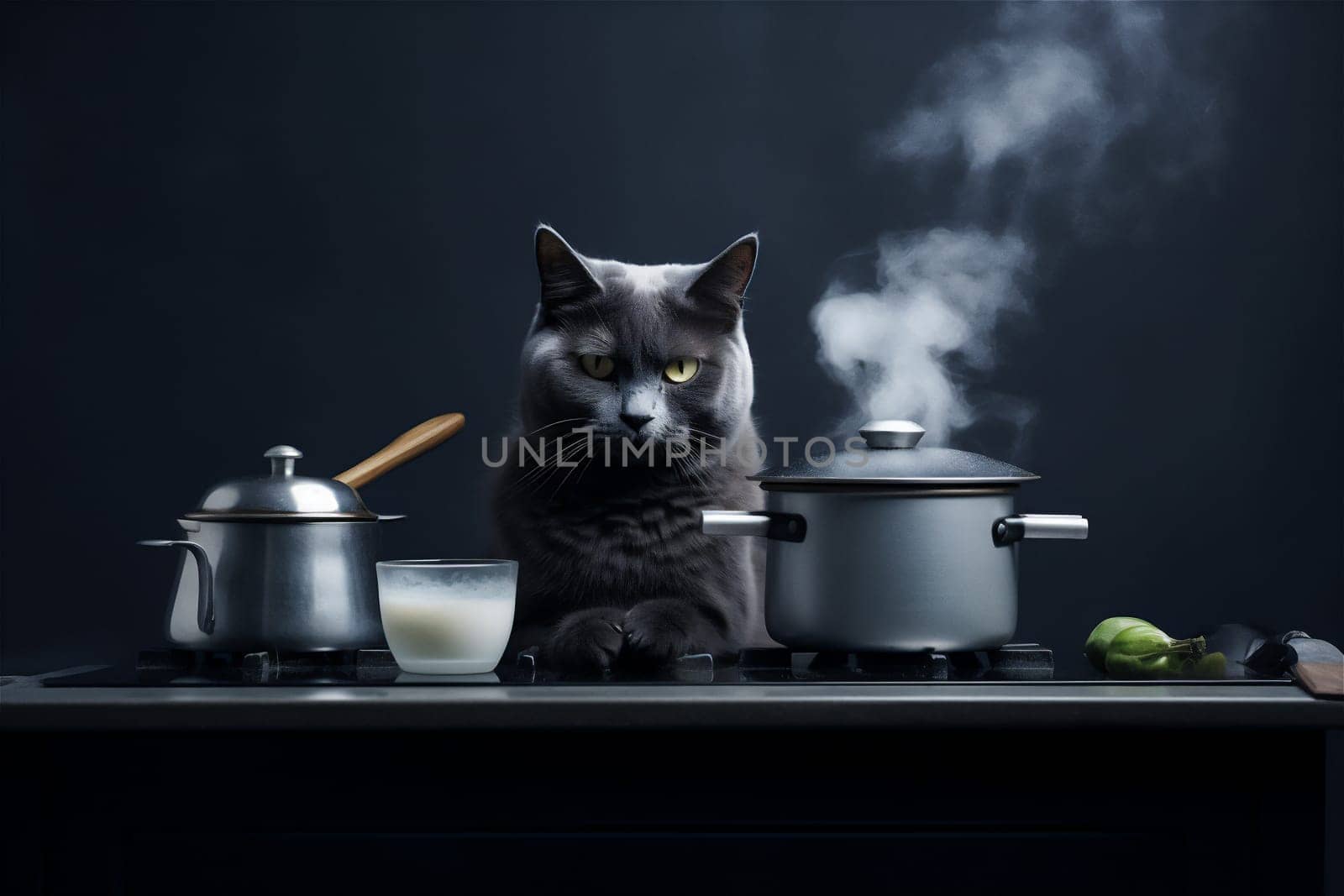 Black cat cooking in kitchen with various pots and pans over black background with water vapor