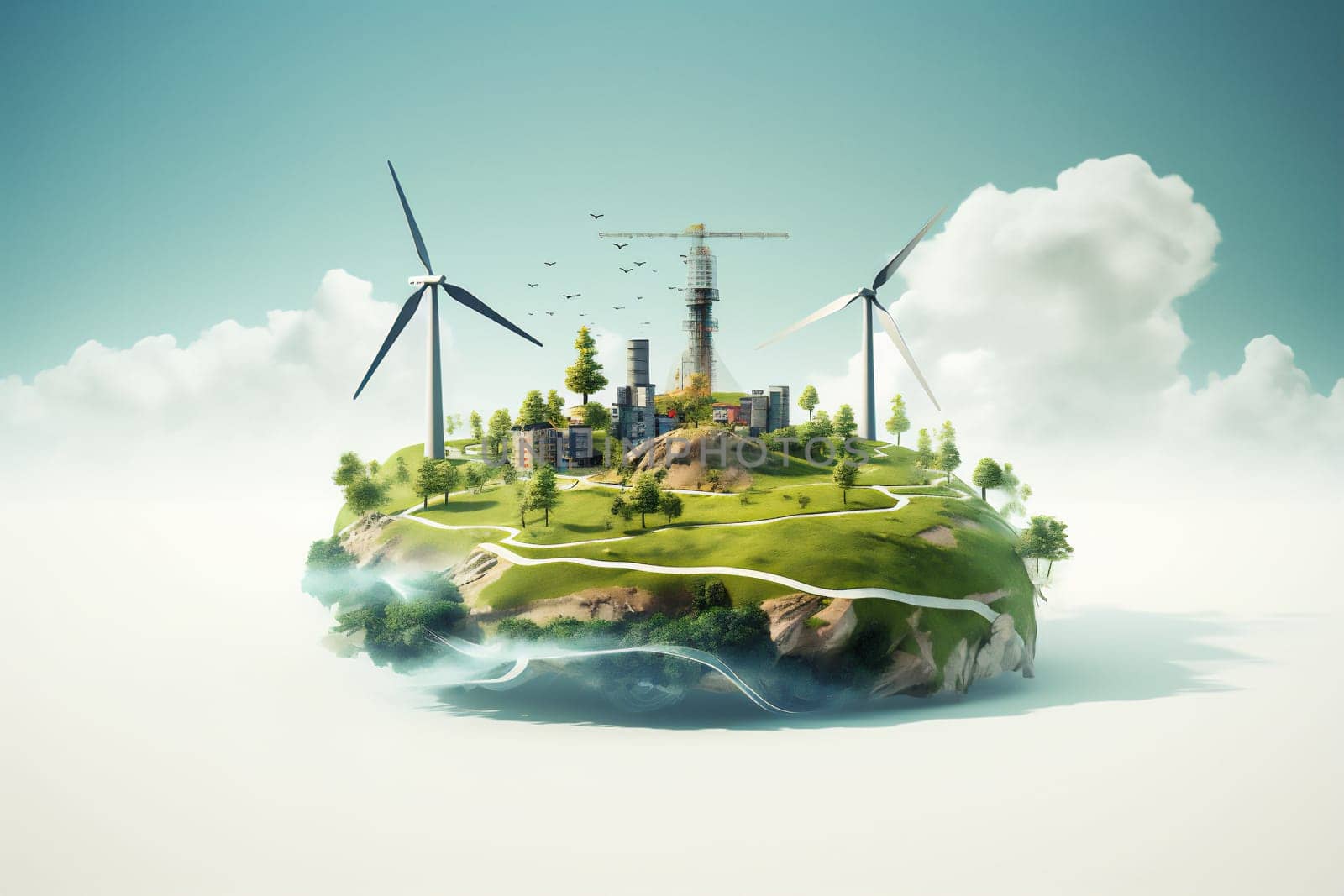 Abstract flying island with wind turbines and building under construction. Green energy concept with copy space