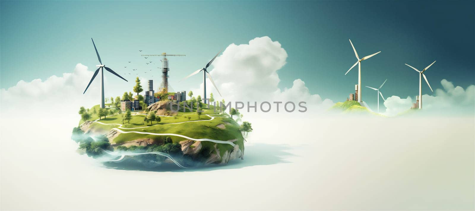 Abstract flying island in the cloudy sky with wind turbines and building under construction. Green energy concept banner with copy space