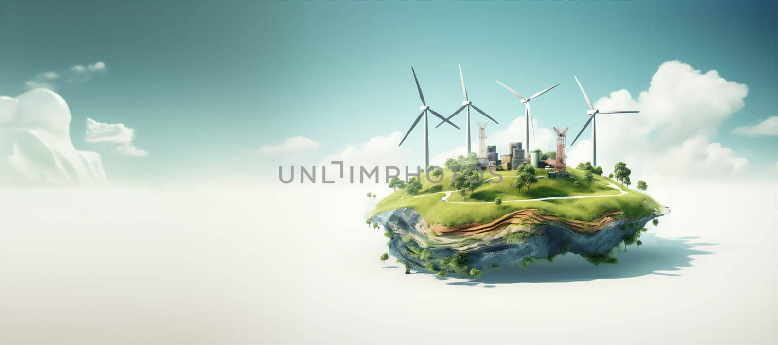 Banner with abstract flying island with wind turbines and building under construction. Green energy concept with copy space