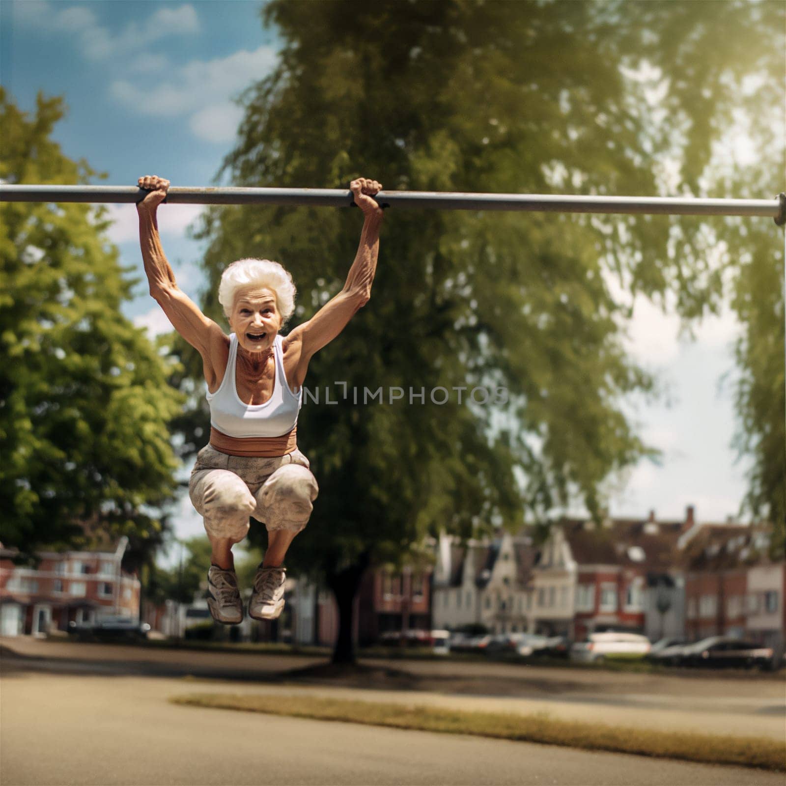 Happy old woman doing pull-ups on horizontal bar outdoors. Fit female practicing strength training. Fitness, sports concept.