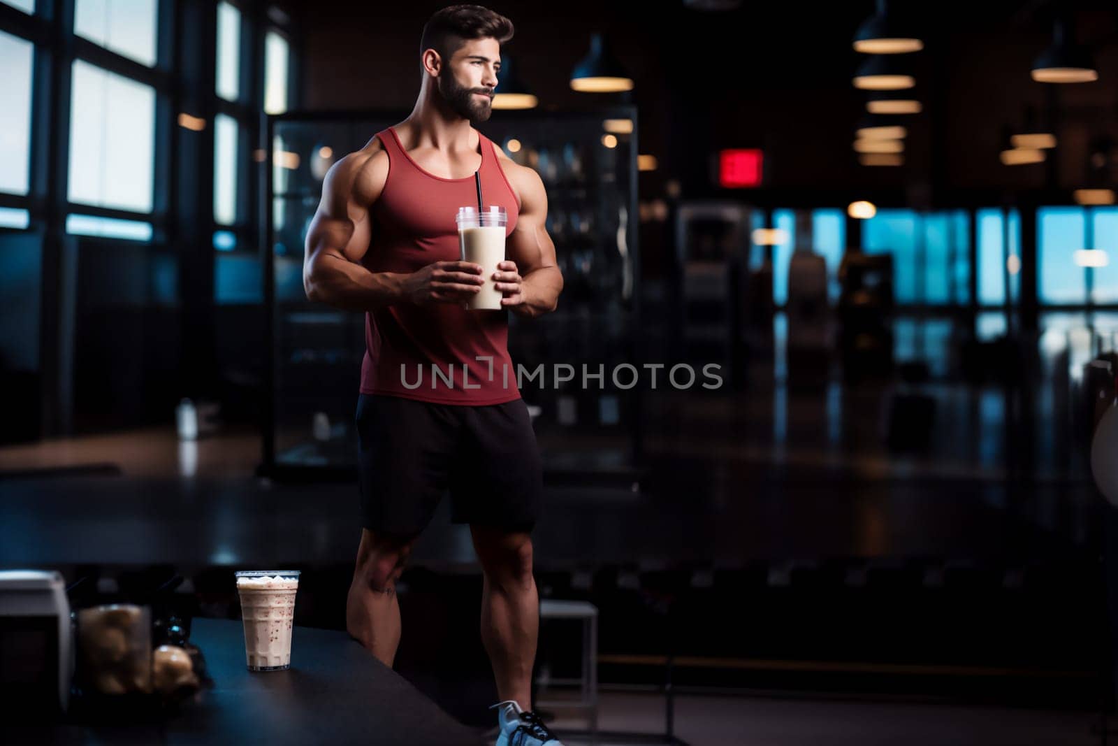 Young fit man with beard in sportswear is drinking protein shake from shaker after workout standing in fitness center