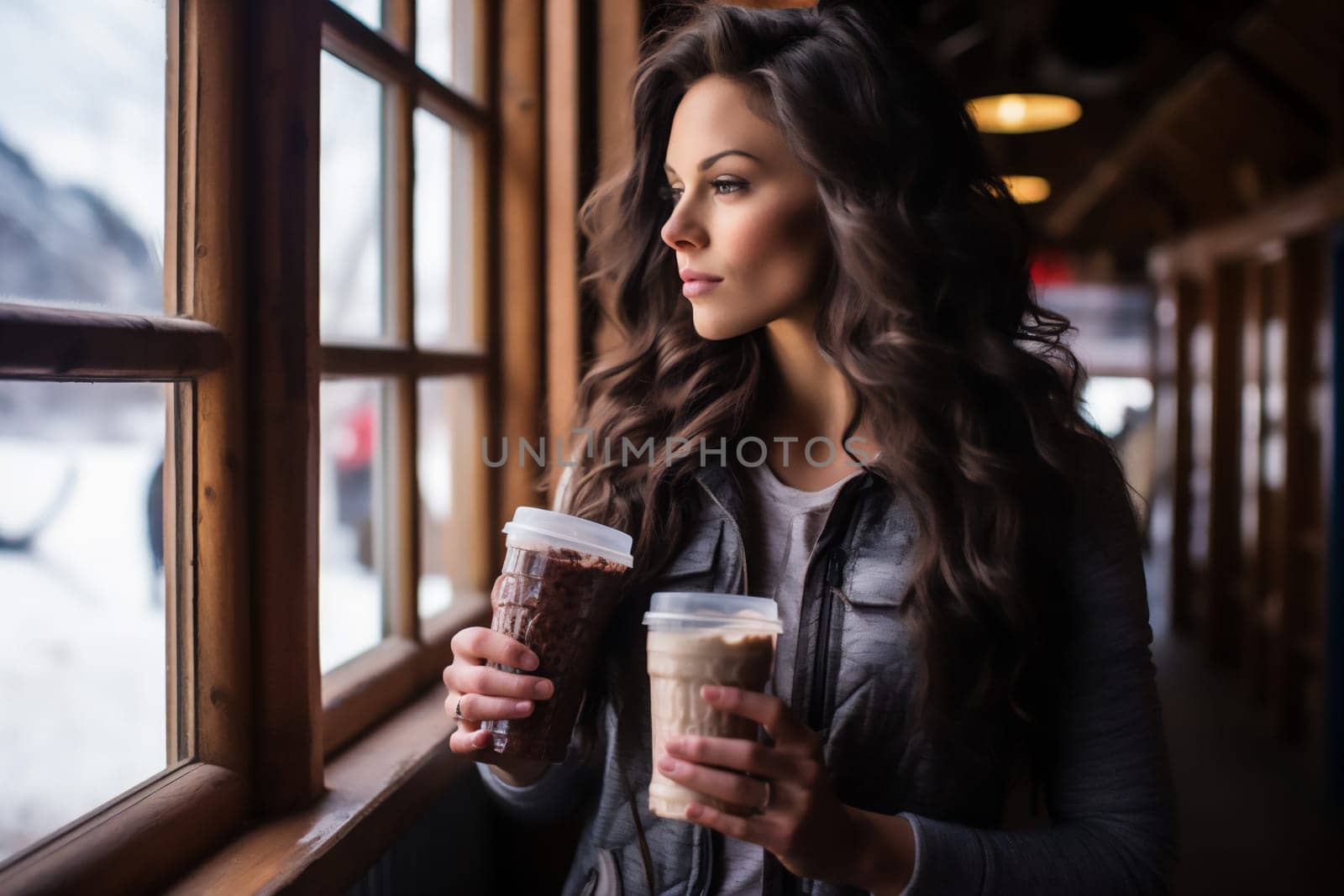 Young fit woman in drinking chocolate protein shake from glass in fitness center and looking out the window at the winter landscape with snow