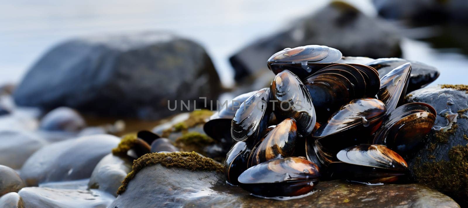 Sea waves hitting wild mussels on rocks, banner