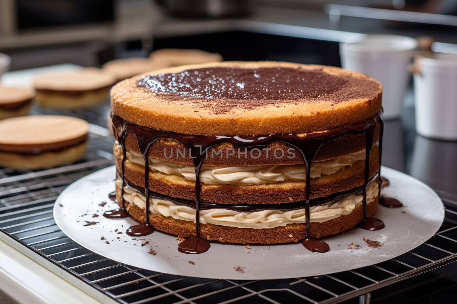 The process of assembling the cake. Concept for sweet treats, desserts.