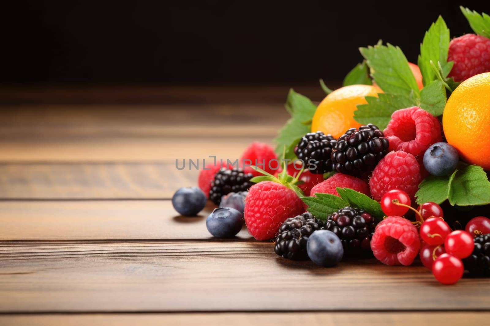 A bunch of summer berries on a wooden table close-up. Strawberry, raspberries, blackberries. Generated by artificial intelligence by Vovmar