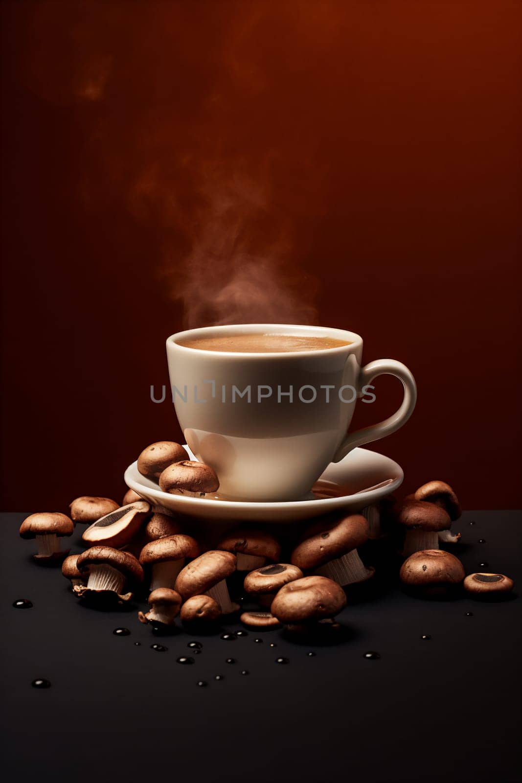 Trendy superfood mushroom coffee in white cup on red background. Healthy concept with copy space, selective focus.