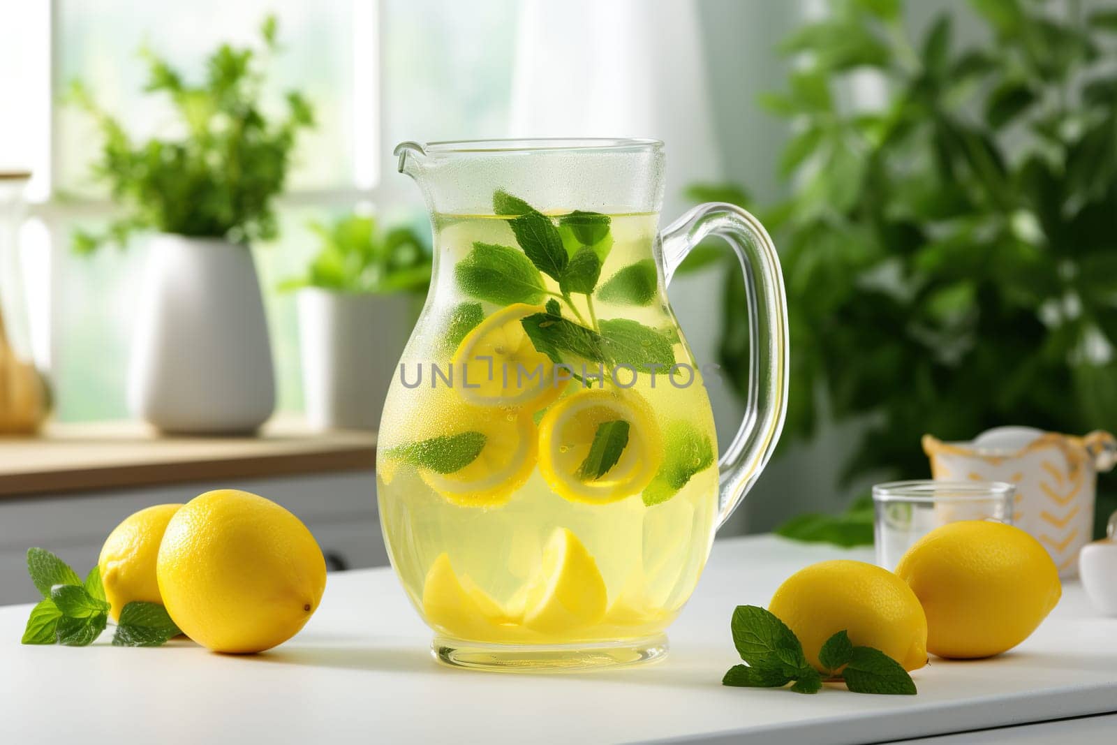 Citrus lemonade in a jug on a table in the kitchen. Lemons and mint, vase with flowers.
