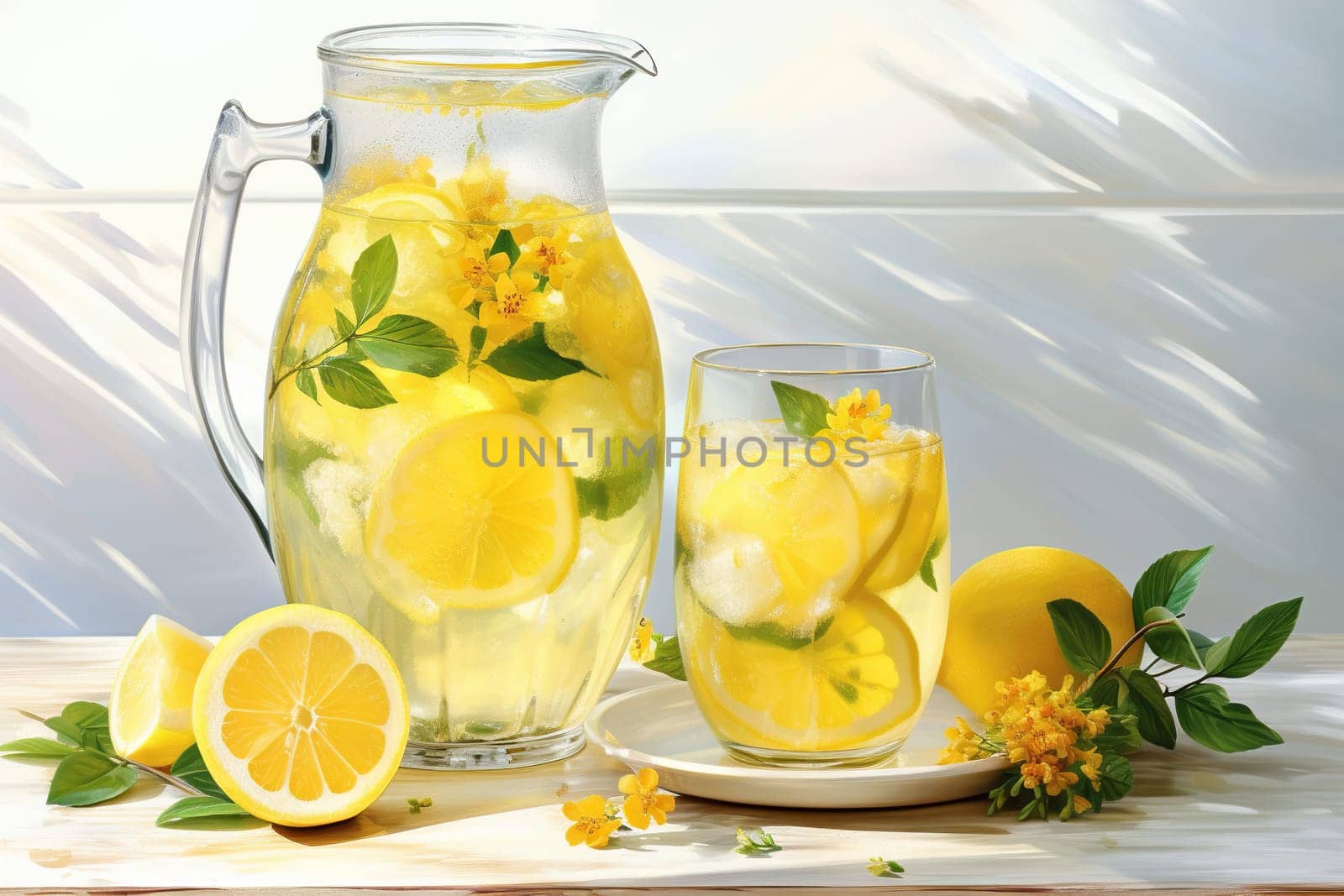 Citrus lemonade in a jug on a table in the kitchen. Lemons and mint. Watercolor drawing.