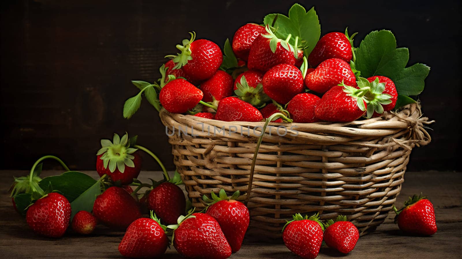 Strawberry in wicker basket on dark background. Healthy food concept with copy space