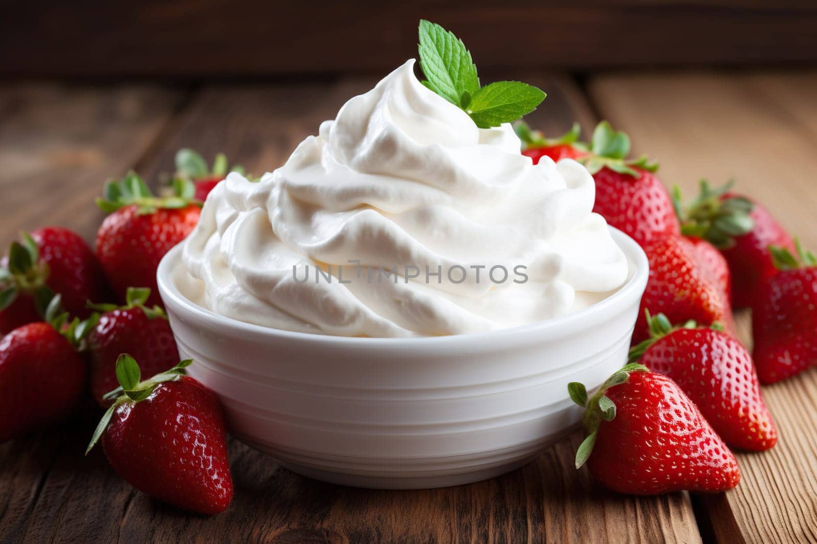 Delicious strawberries with whipped cream on a wooden table, close-up.