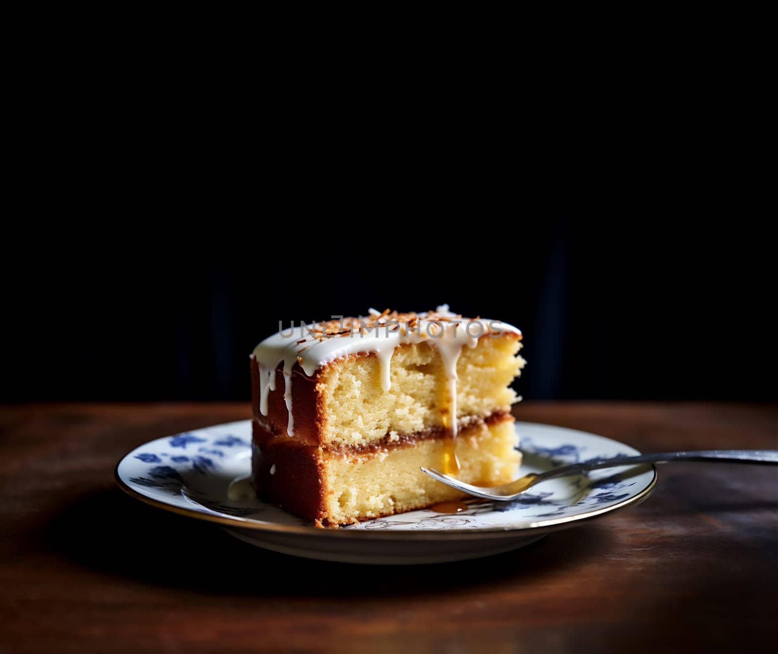 Piece of homemade round sponge Brown Butter cake or chiffon cake on gray plate. Homemade bakery concept for recipe