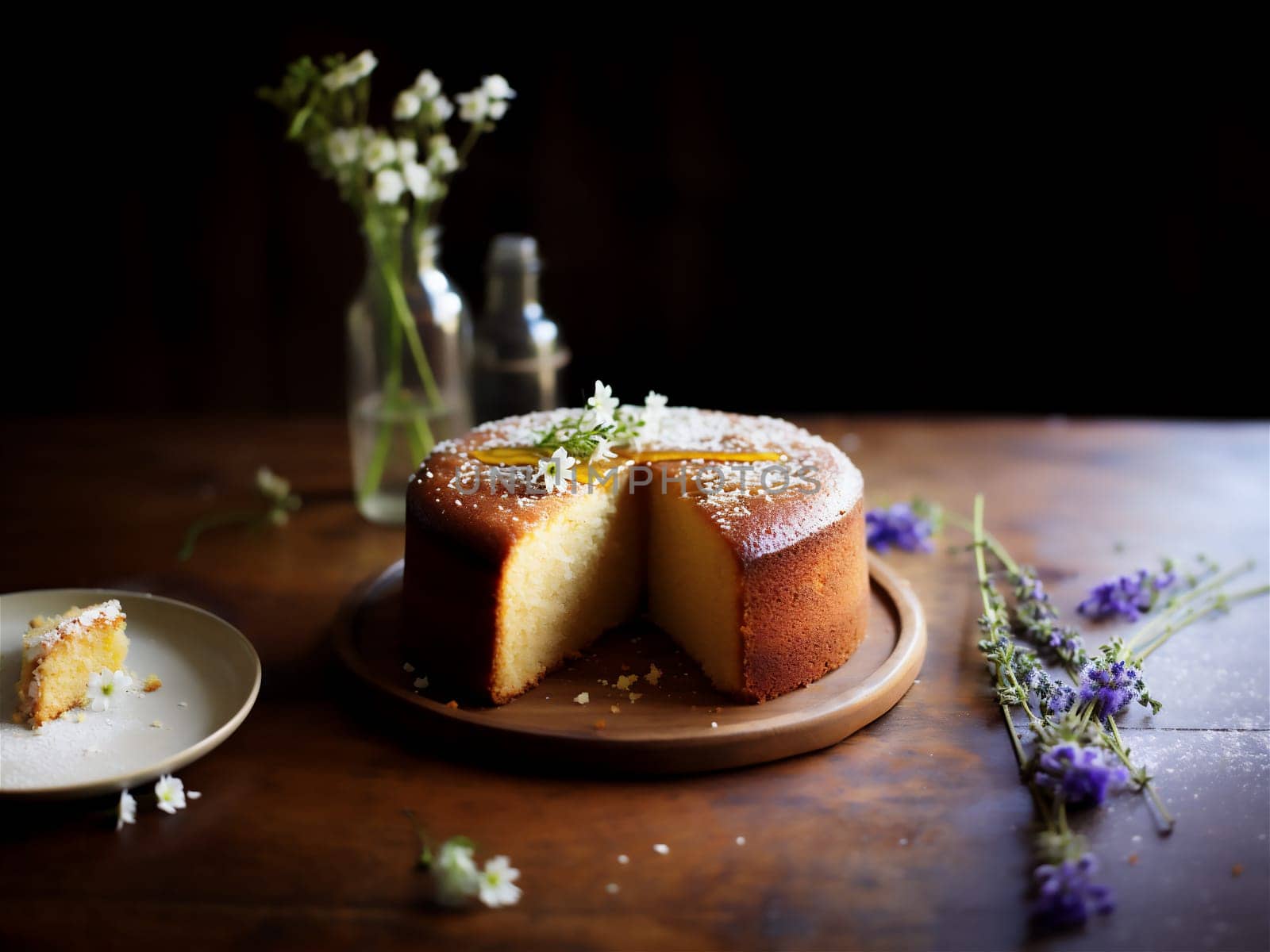 Homemade round sponge Brown Butter cake or chiffon cake on gray plate. Homemade bakery concept for recipe, background and wallpaper.