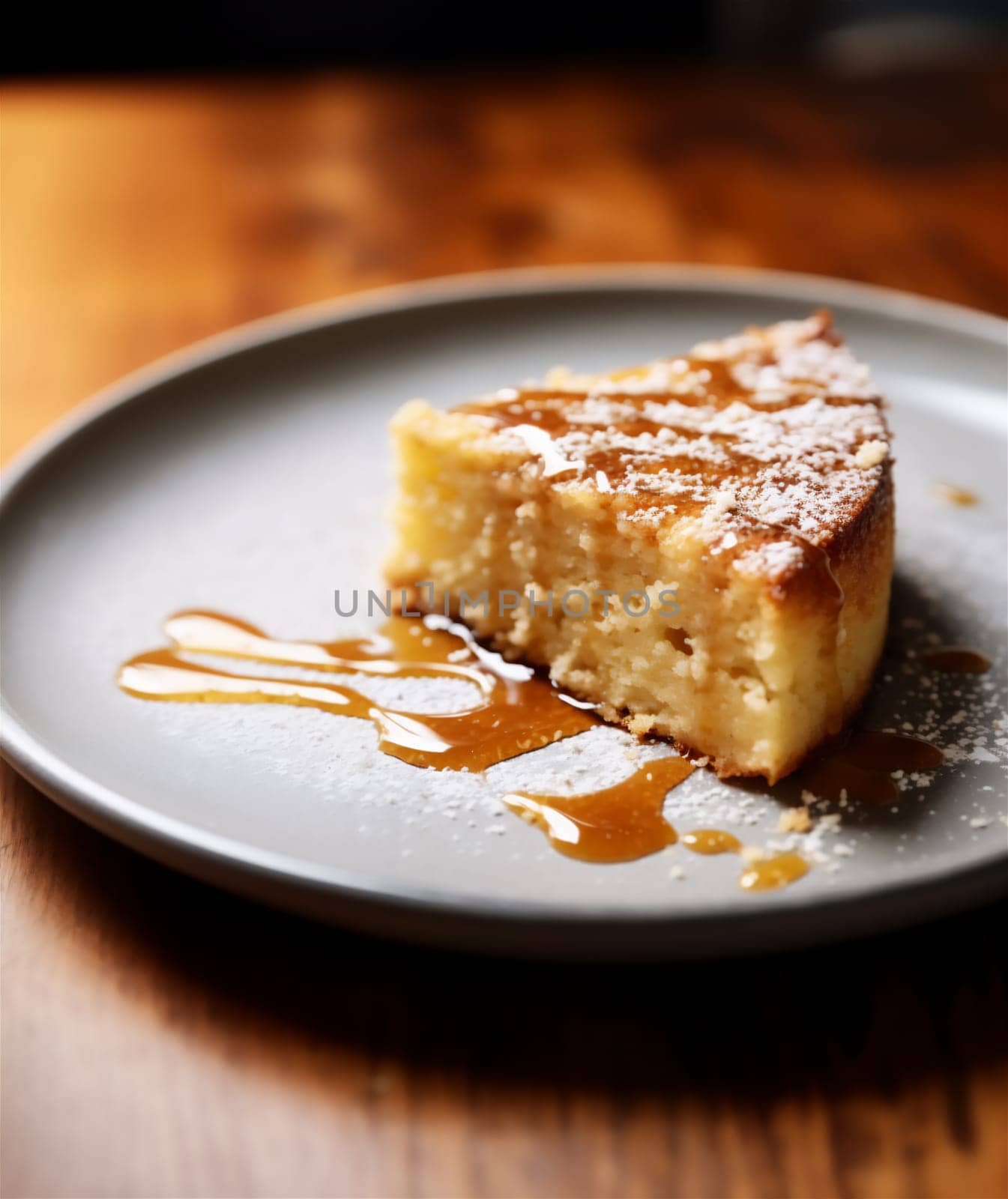 Piece of homemade round sponge Brown Butter cake or chiffon cake on gray plate. Homemade bakery concept for recipe, background and wallpaper.