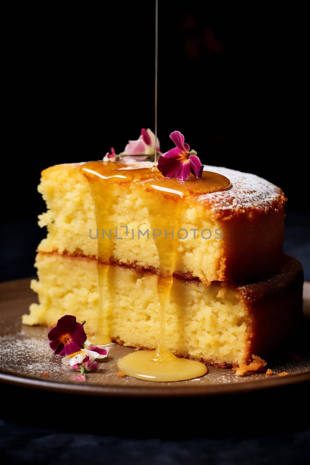 Piece of sponge Brown Butter cake with flowing honey on table with flowers. Homemade bakery concept for recipe, background and wallpaper.