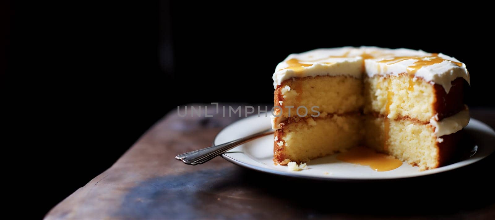 Banner with homemade round sponge Brown Butter cake or chiffon cake on gray plate. Homemade bakery concept for recipe, background and wallpaper. Copy space