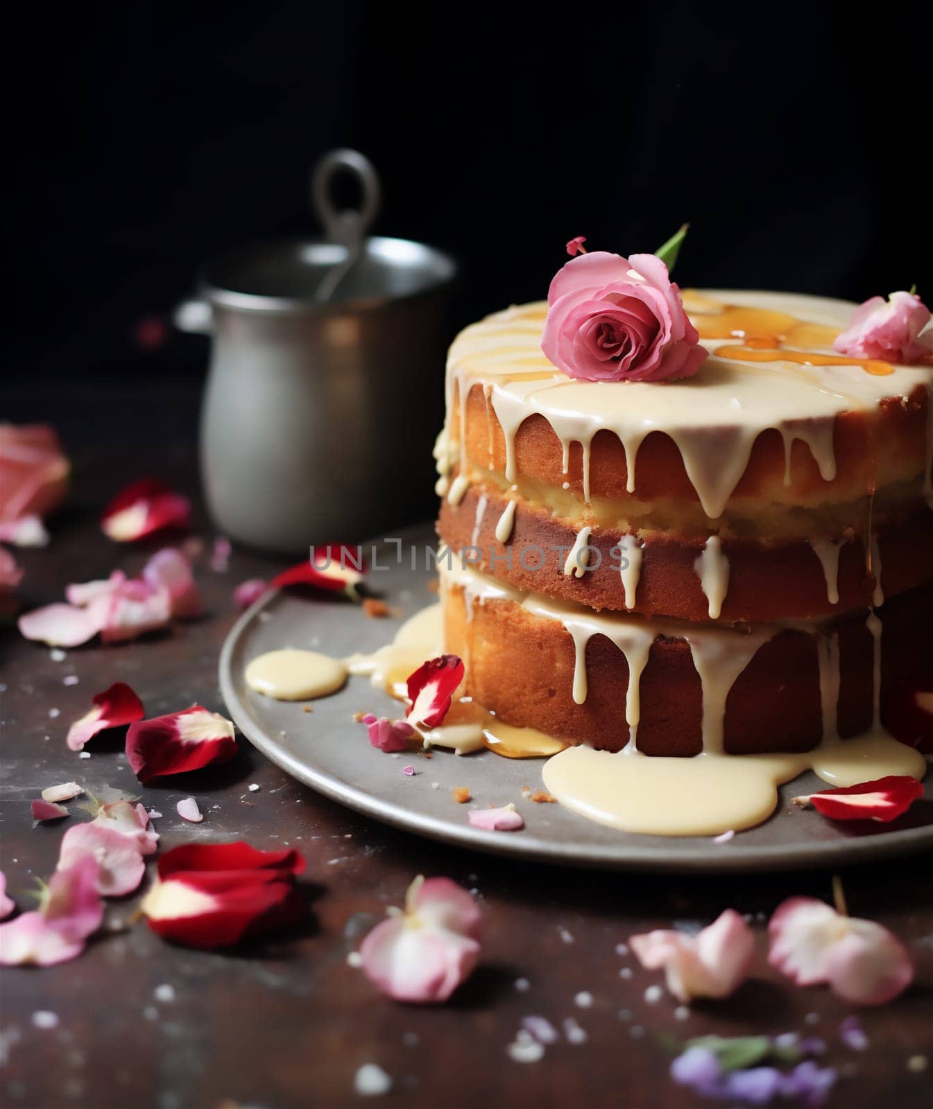 Brown Butter sponge cake or chiffon cake with vanilla custard and flowers. Homemade bakery concept for recipe