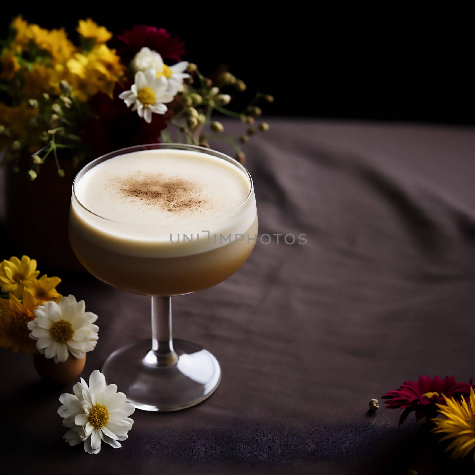 Glass of tasty Brown Butter autumn latte macchiato coffee on dark background with flowers. Fall and winter warm drinks concept with copy space