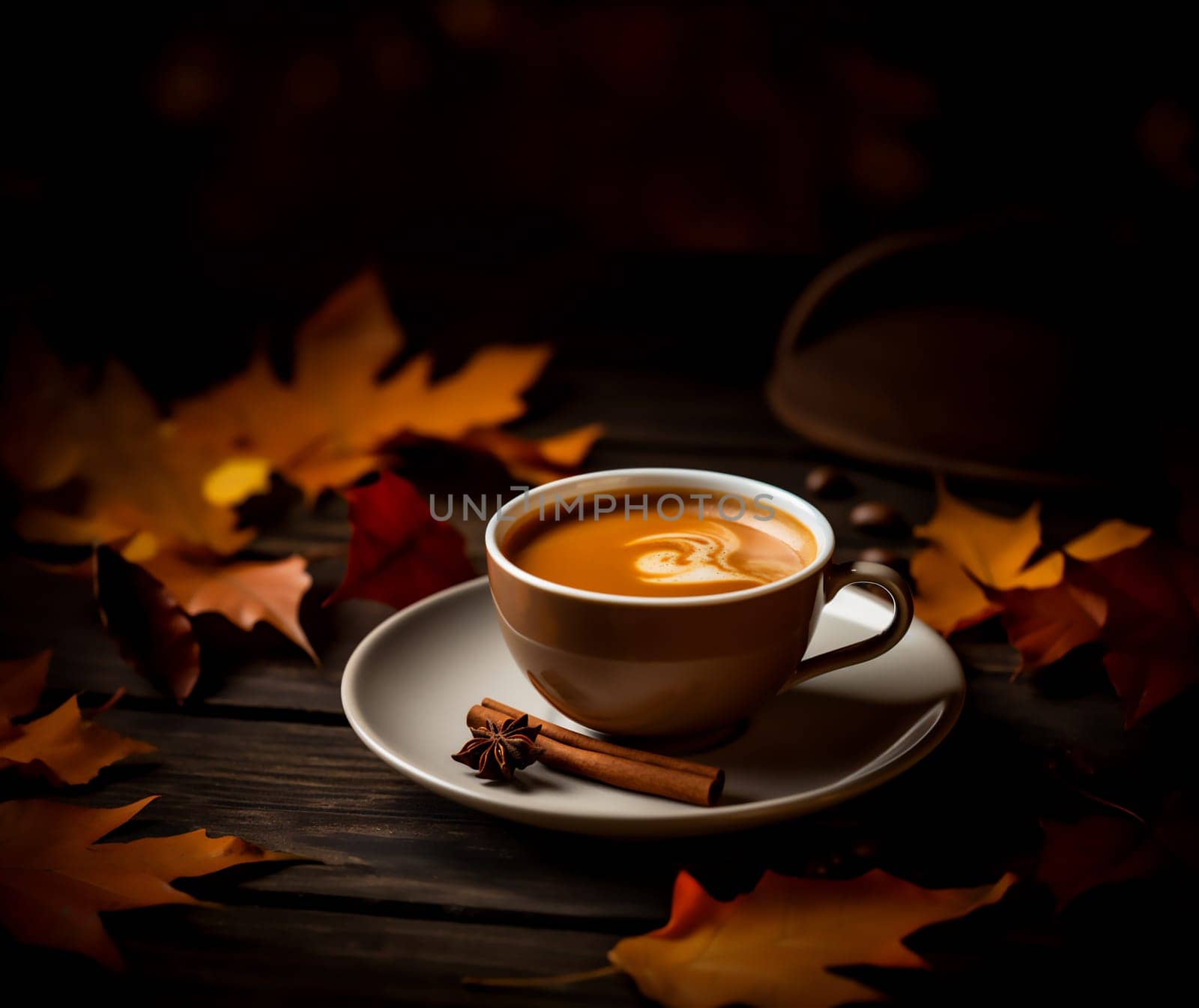 Cup of tasty pumpkin autumn brown butter coffee with cinnamon sticks and orange leaves on wooden background. Fall and winter warm drinks concept with copy space