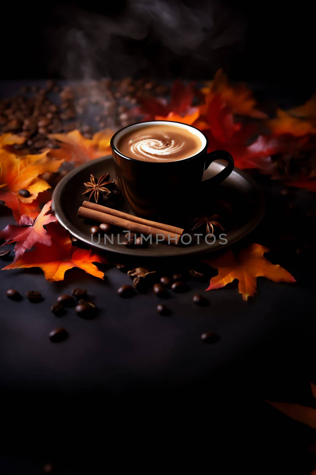 Black cup of tasty pumpkin autumn brown butter coffee with cinnamon sticks and orange leaves on wooden background. Fall and winter warm drinks concept with copy space
