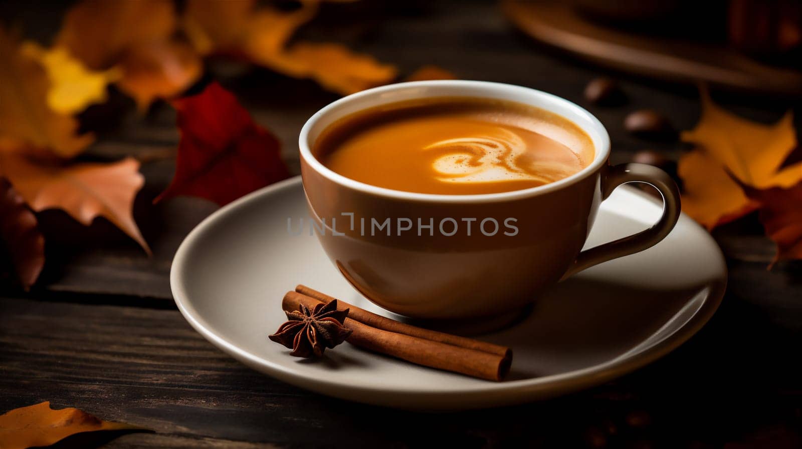 Cup of tasty pumpkin autumn coffee with cinnamon sticks and orange leaves on wooden background. Fall and winter warm drinks concept