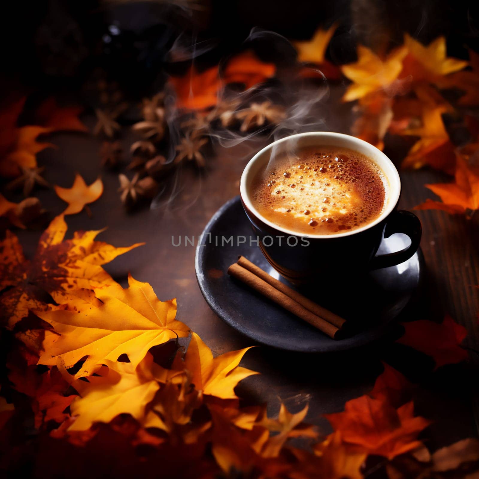 Cup of tasty pumpkin autumn coffee and orange leaves on wooden background. Fall and winter warm drinks concept