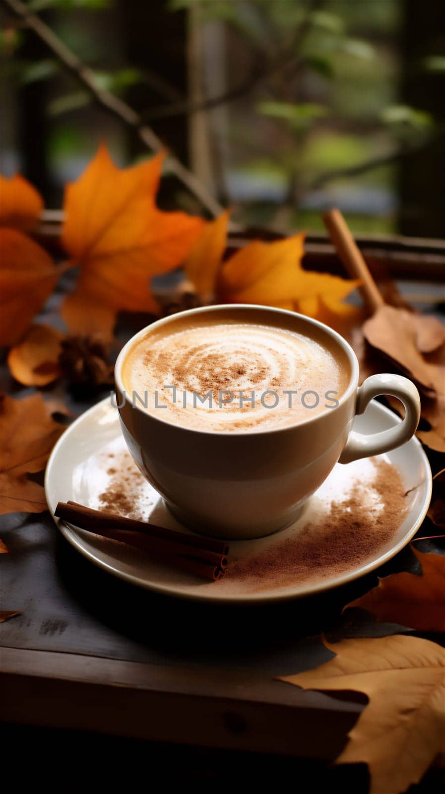 Stories template with cup of tasty spicy cappuccino coffee with cinnamon and autumn leaves on wooden background. Fall and winter warm drinks concept