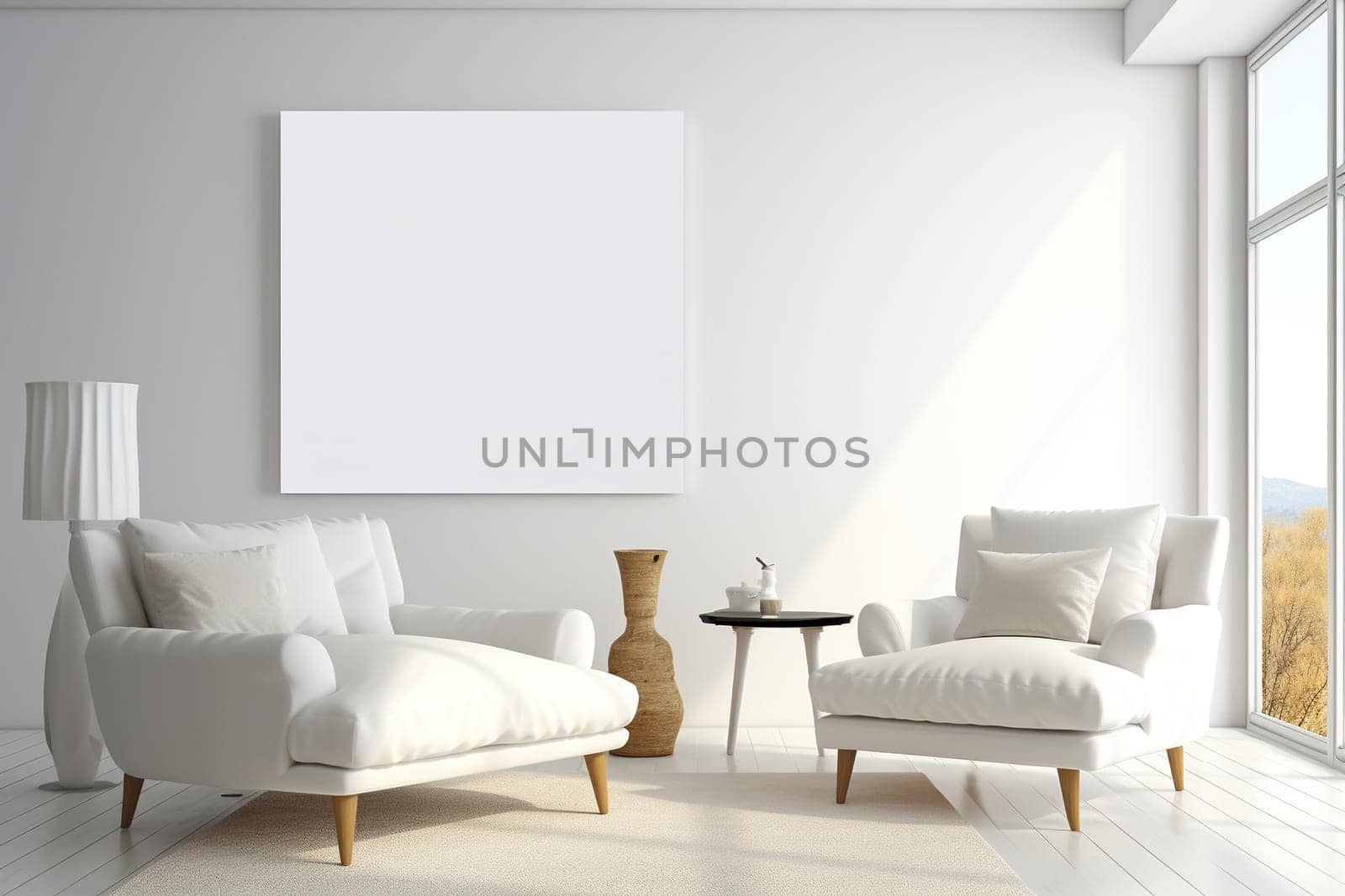 Beautiful bright living room interior with two comfortable white armchairs and a large white painting on the wall. Big windows.