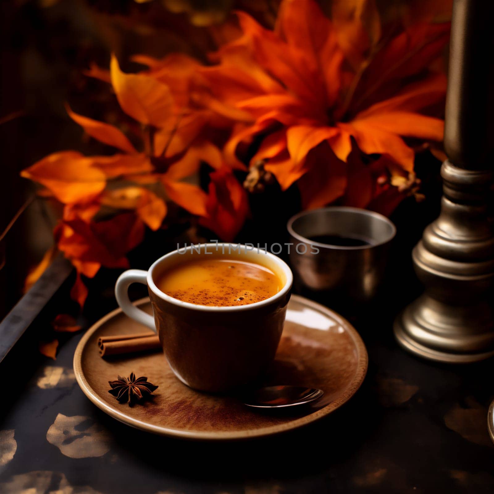 Cup of tasty pumpkin coffee and autumn leaves on wooden background. Fall and winter warm drinks concept