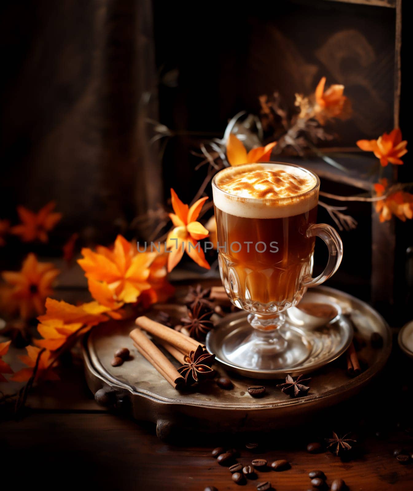 Glass of tasty Brown Butter autumn latte macchiato coffee on dark background with orange leaves. Fall and winter warm drinks concept
