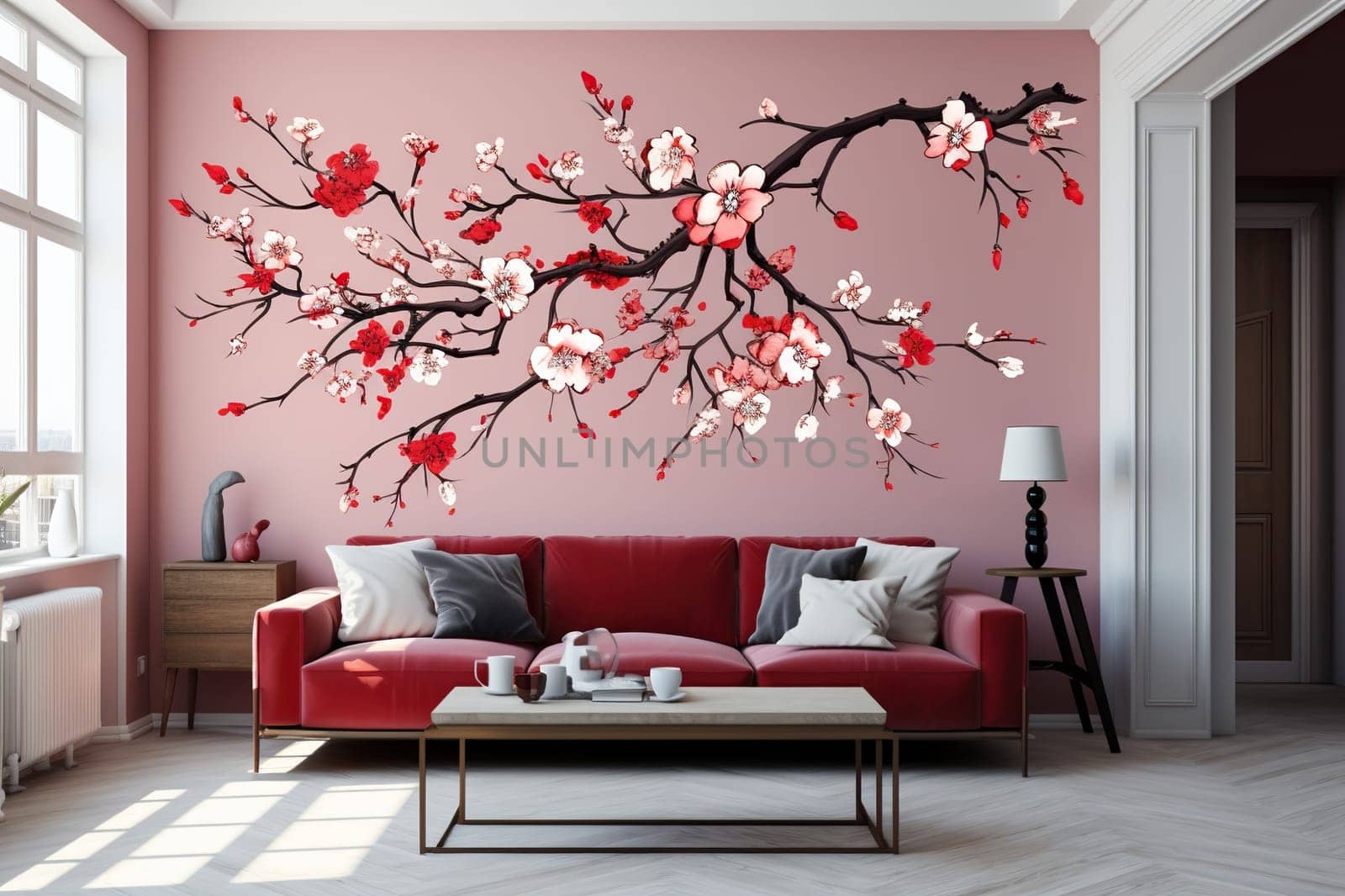 Modern living room interior with a red sofa and a painted sakura branch on the wall.