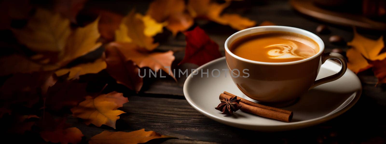 Banner with cup of tasty pumpkin coffee and autumn leaves on wooden background. Fall and winter warm drinks concept