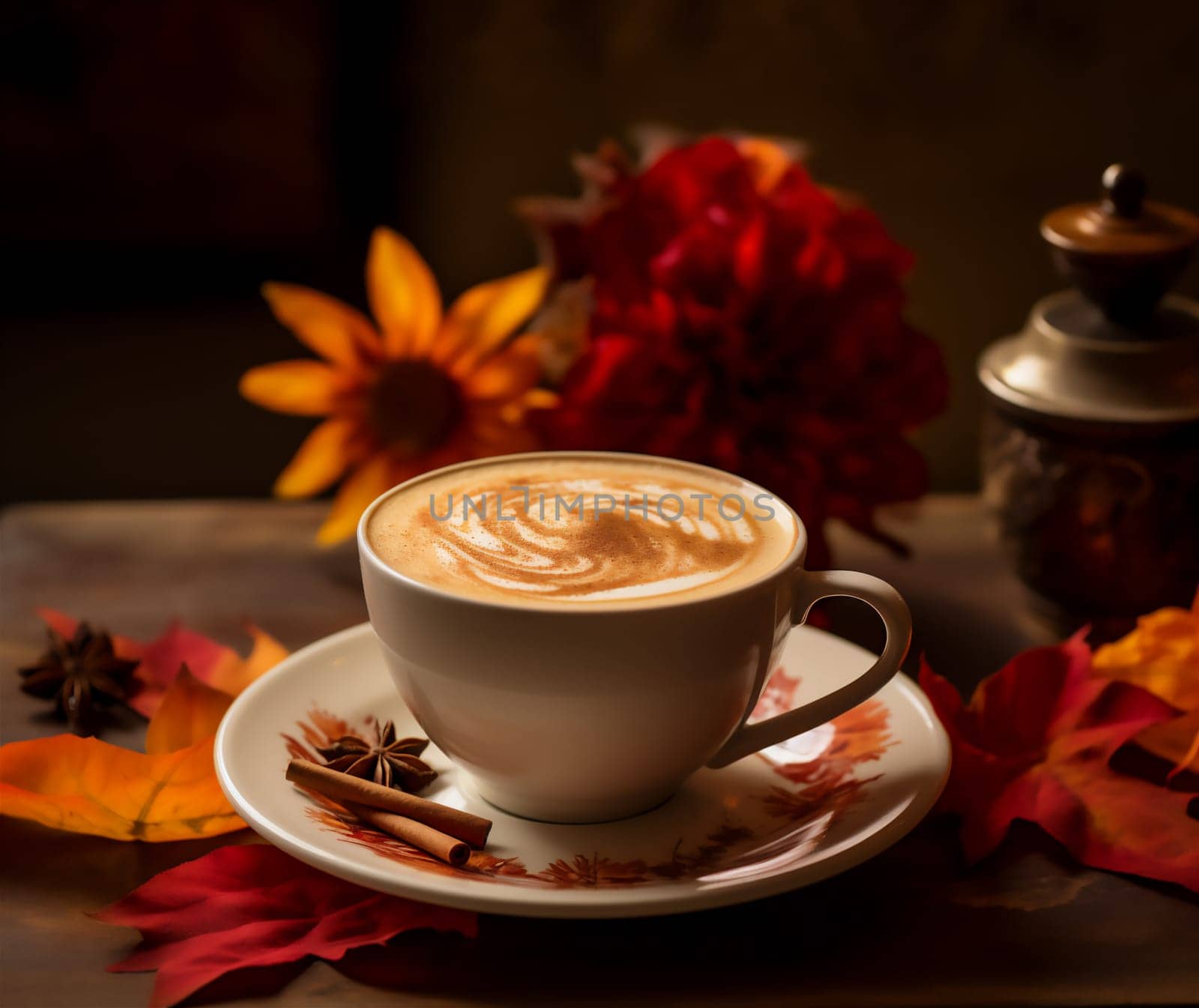 Tasty spicy brown butter cappuccino coffee with cinnamon and autumn leaves on wooden background. Fall and winter warm drinks concept