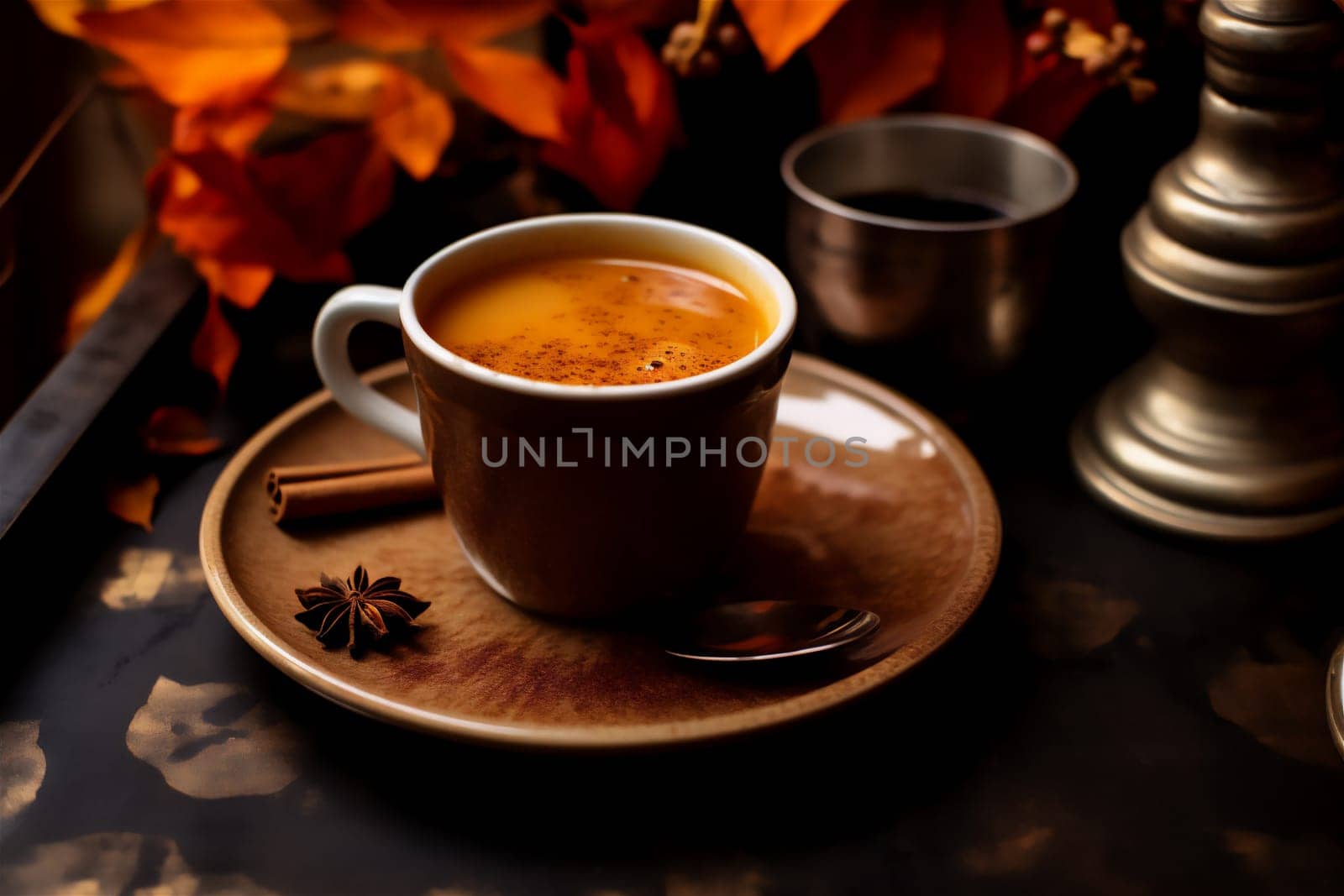 Cup of delicious pumpkin coffee and autumn leaves on wooden background. Fall and winter warm drinks concept