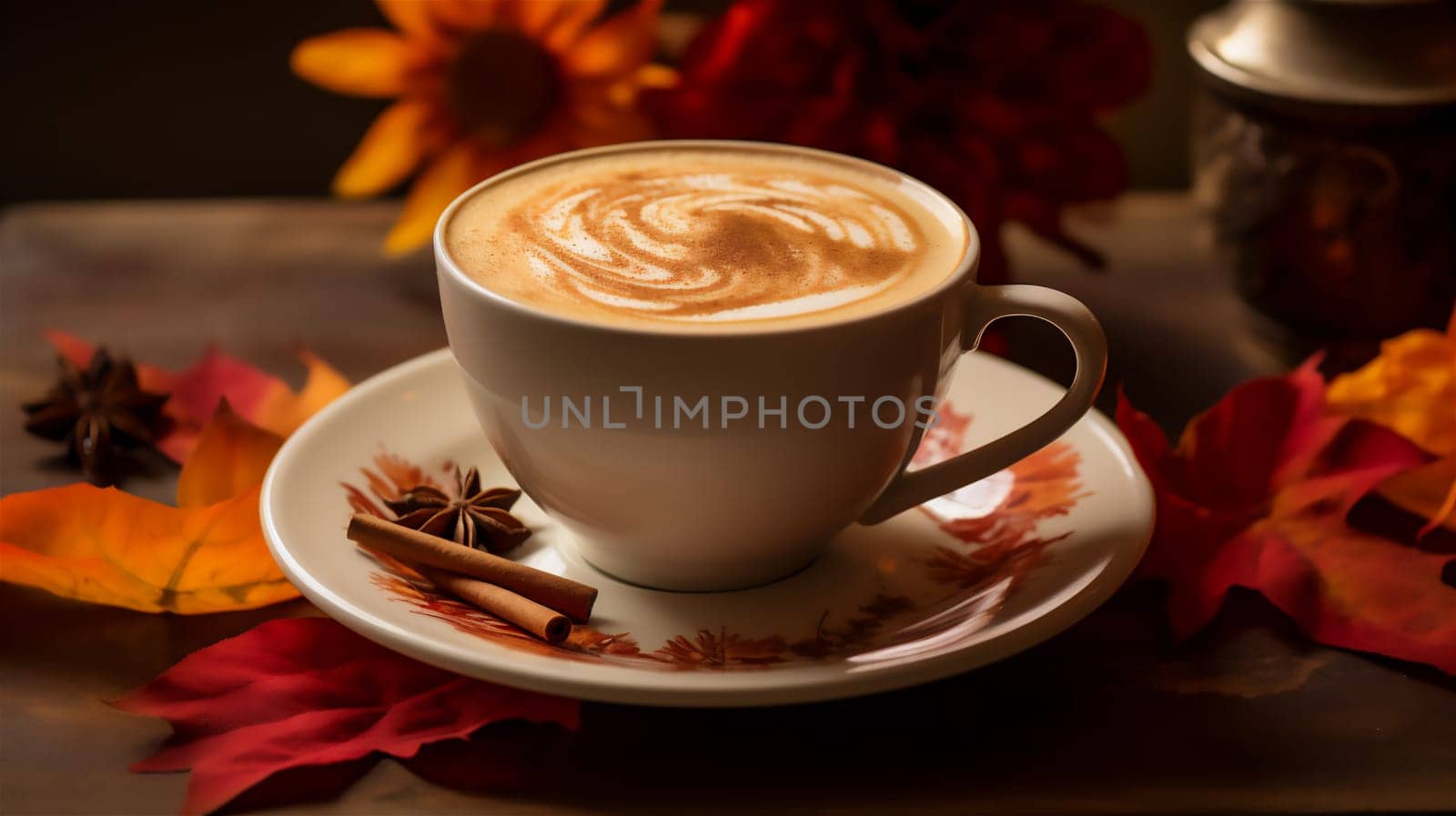 Cup of tasty spicy brown butter cappuccino coffee with cinnamon and autumn leaves on wooden background. Fall and winter warm drinks concept