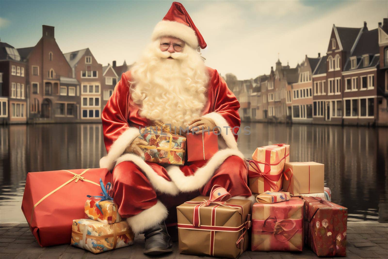 Traditional Dutch Saint Nicholas character Sinterklaas surrounded by colorful gifts sitting near the canal of city somewhere in the Netherlands.