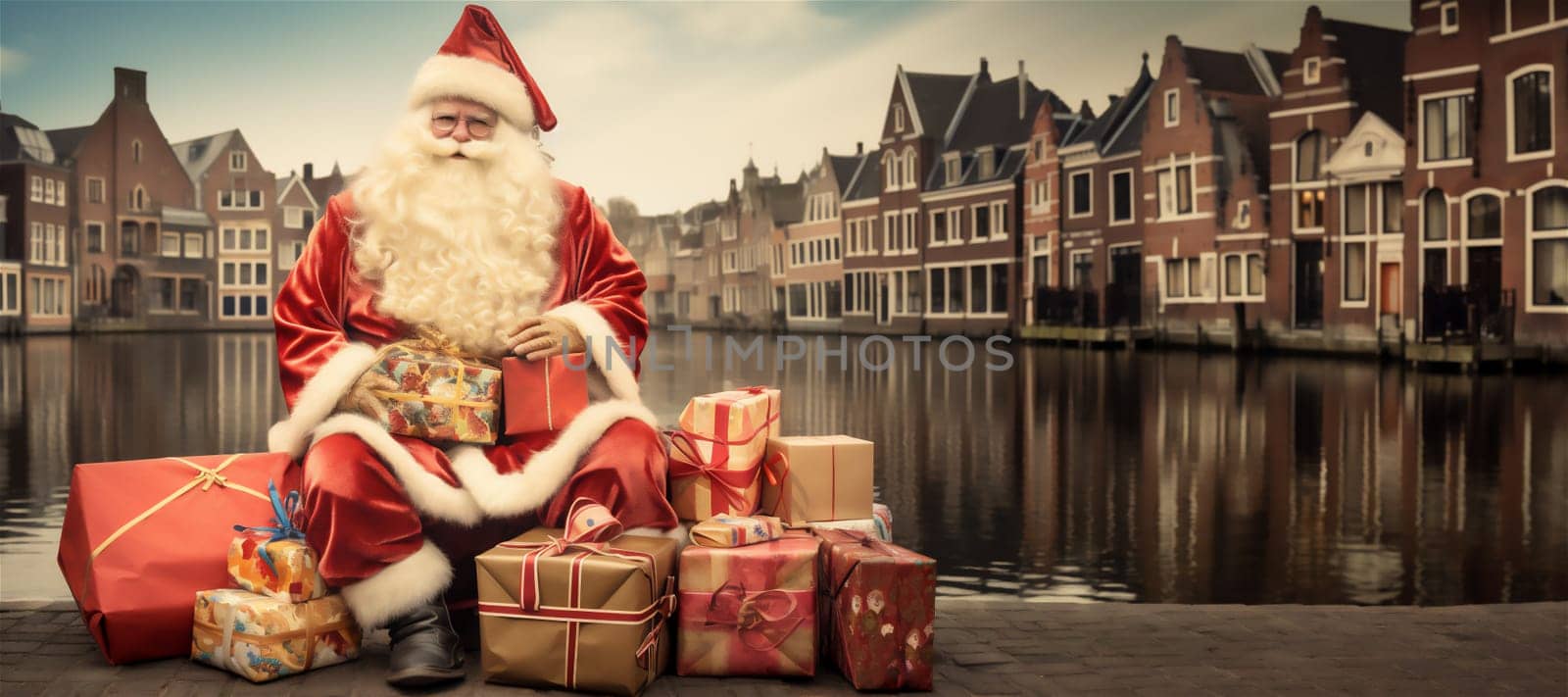 Banner with traditional Santa Claus sitting surrounded by colorful gifts. Christmas winter holidays concept for greeting card with copy space