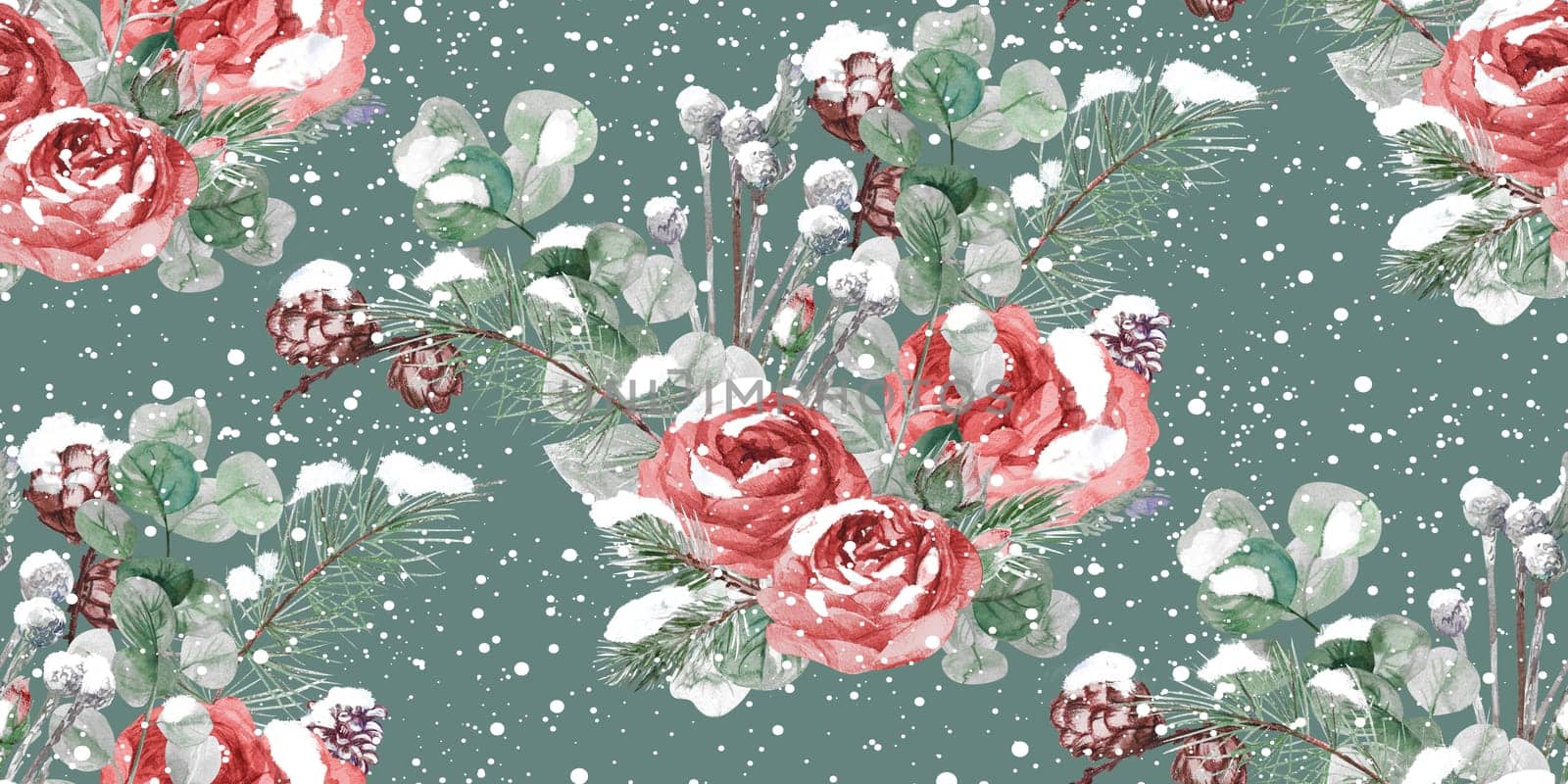 Christmas winter seamless pattern painted in watercolor with red roses and snow in vintage style for package and surface design