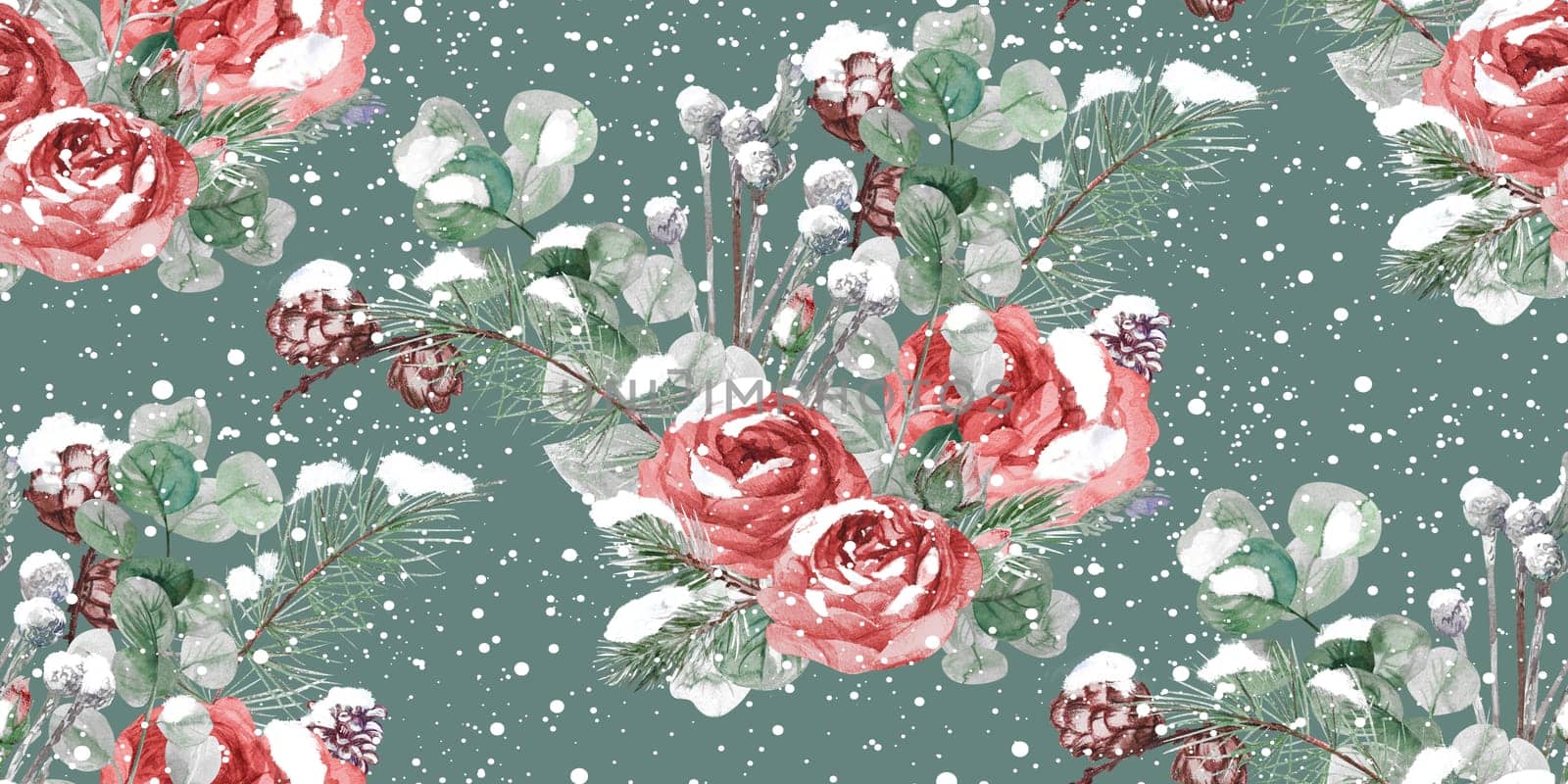 Christmas winter seamless pattern painted in watercolor with red roses and snow in vintage style for package and surface design