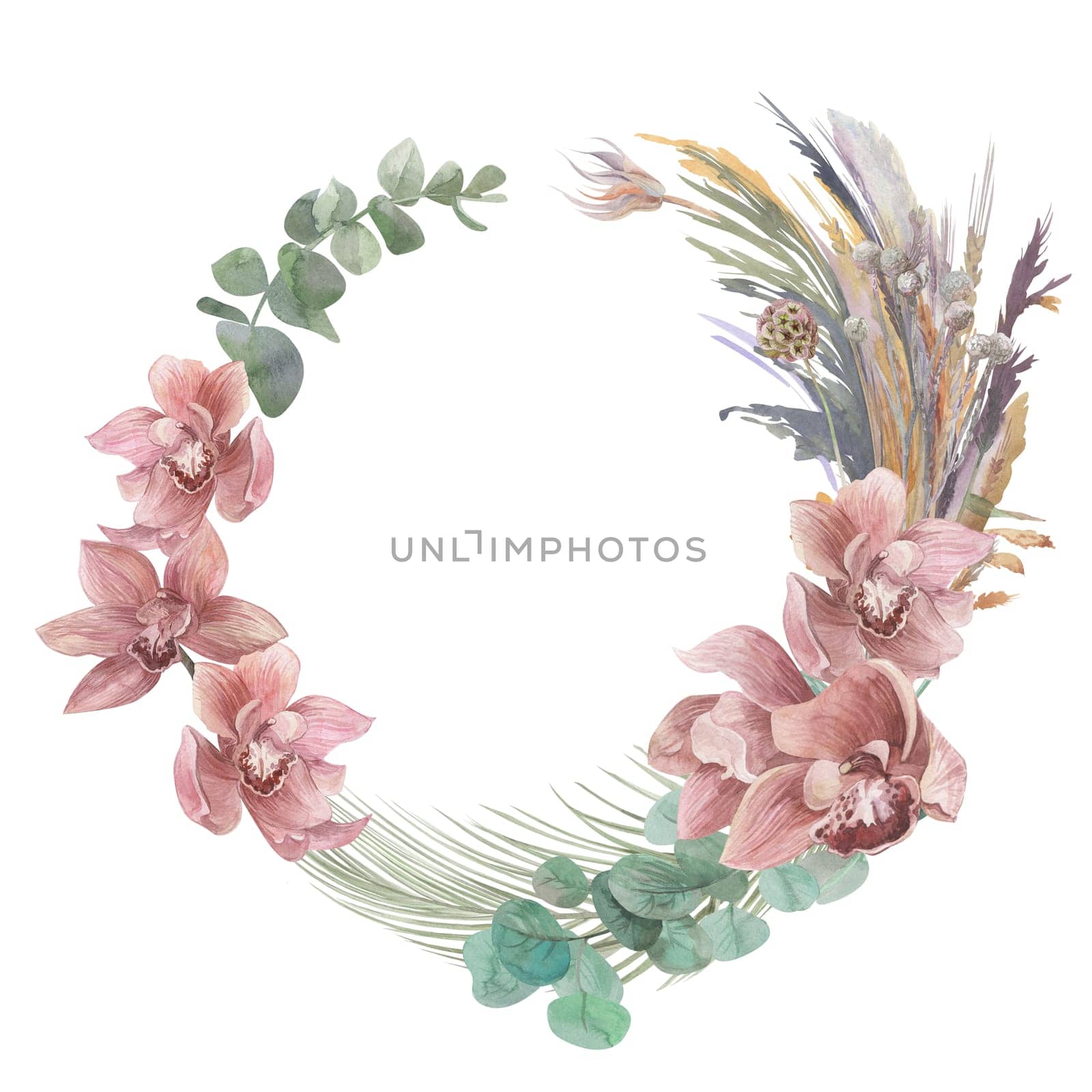 watercolor round frame for cards with orchids and dry palm leaves and eucalyptus branches in boho style and packaging design isolated on white background