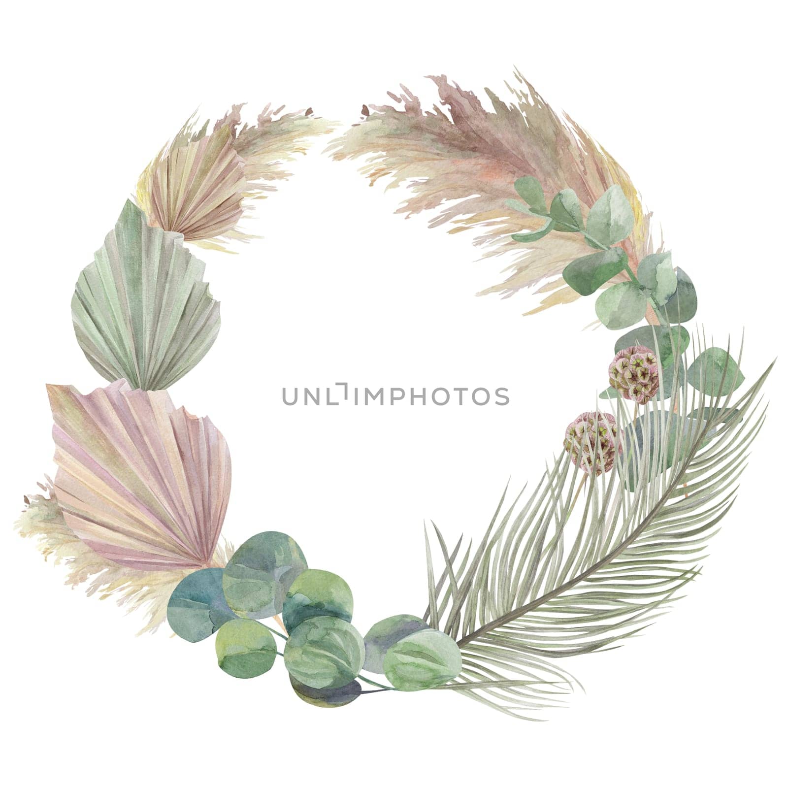 watercolor round frame with orchids and dry palm leaves and eucalyptus branch for cards and packaging design isolated on white background