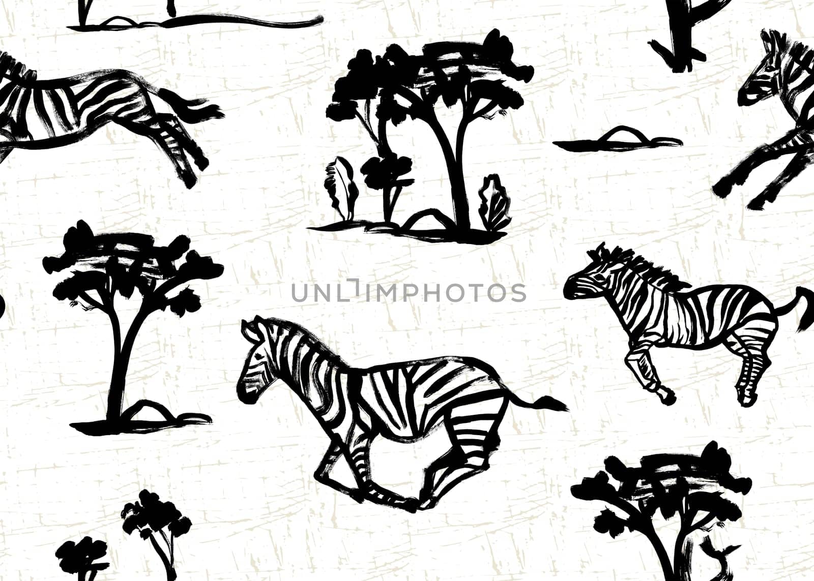 Monochrome pattern with running zebras on the savannah painted in black gouache by MarinaVoyush