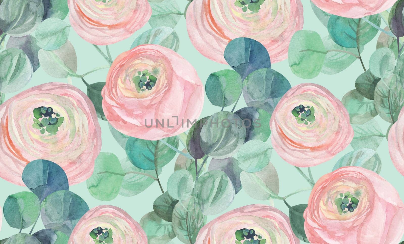 vintage watercolor pattern with delicate roses and eucalyptus on a light background on a light green background